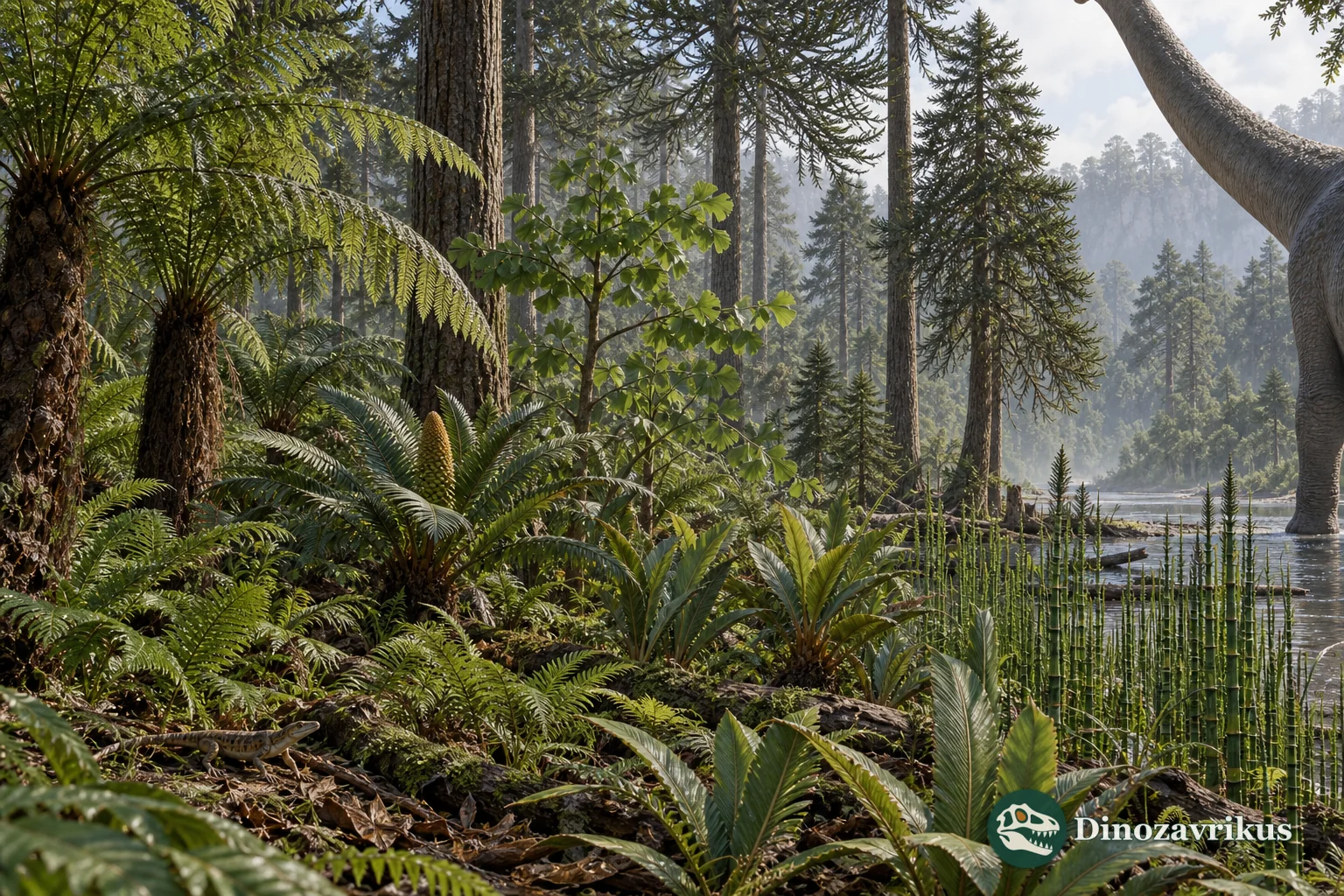 Jurassic vegetation with conifers, ferns, horsetails, cycads and bennettitaleans
