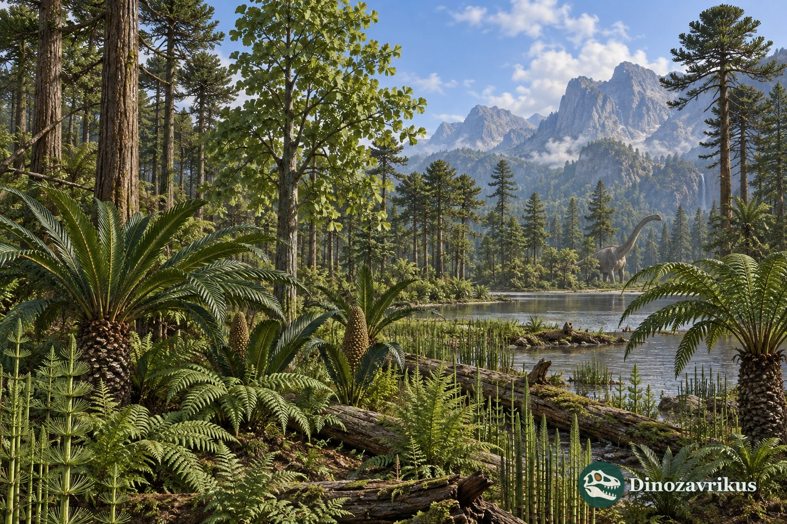 Jurassic forest with conifers, ginkgo-like trees, cycads, ferns and horsetails around a wetland