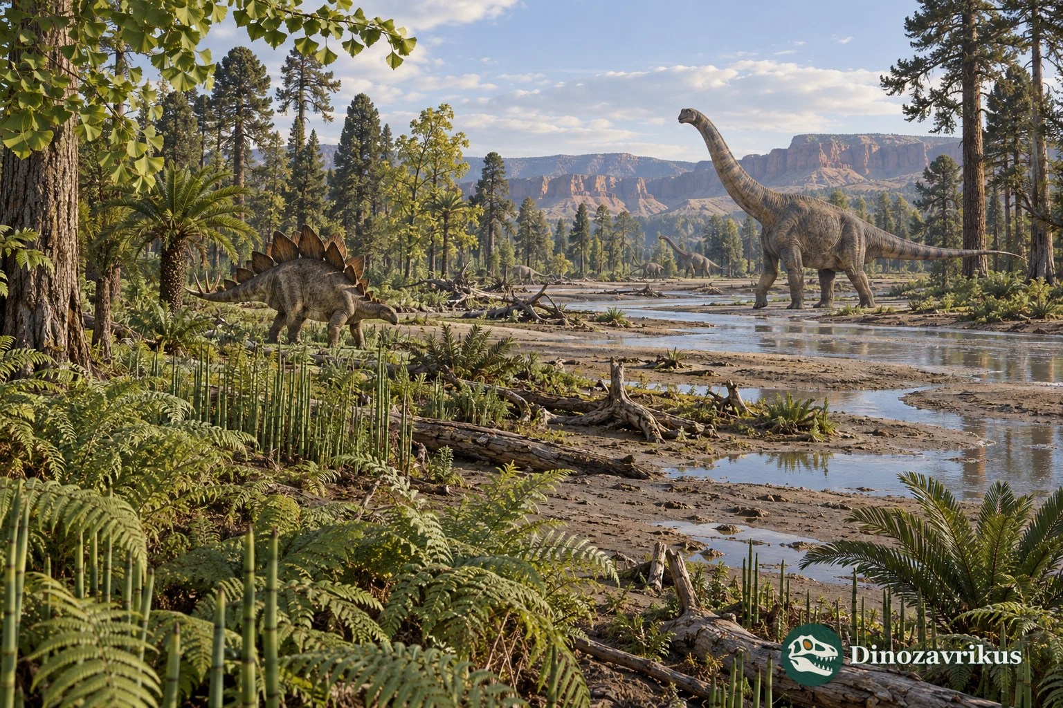 A Jurassic Morrison Formation floodplain with ferns, cycads, conifers and sauropods