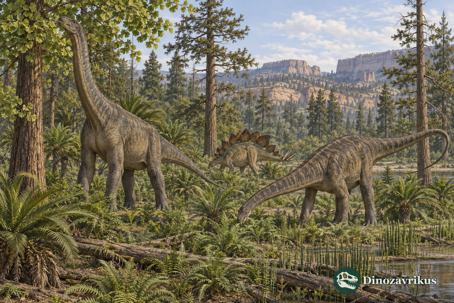 Camarasaurus and Diplodocus feeding among Jurassic ferns and conifers