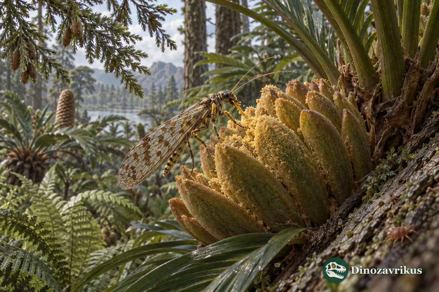 A Jurassic insect visits a cycad-like reproductive structure in a conifer woodland