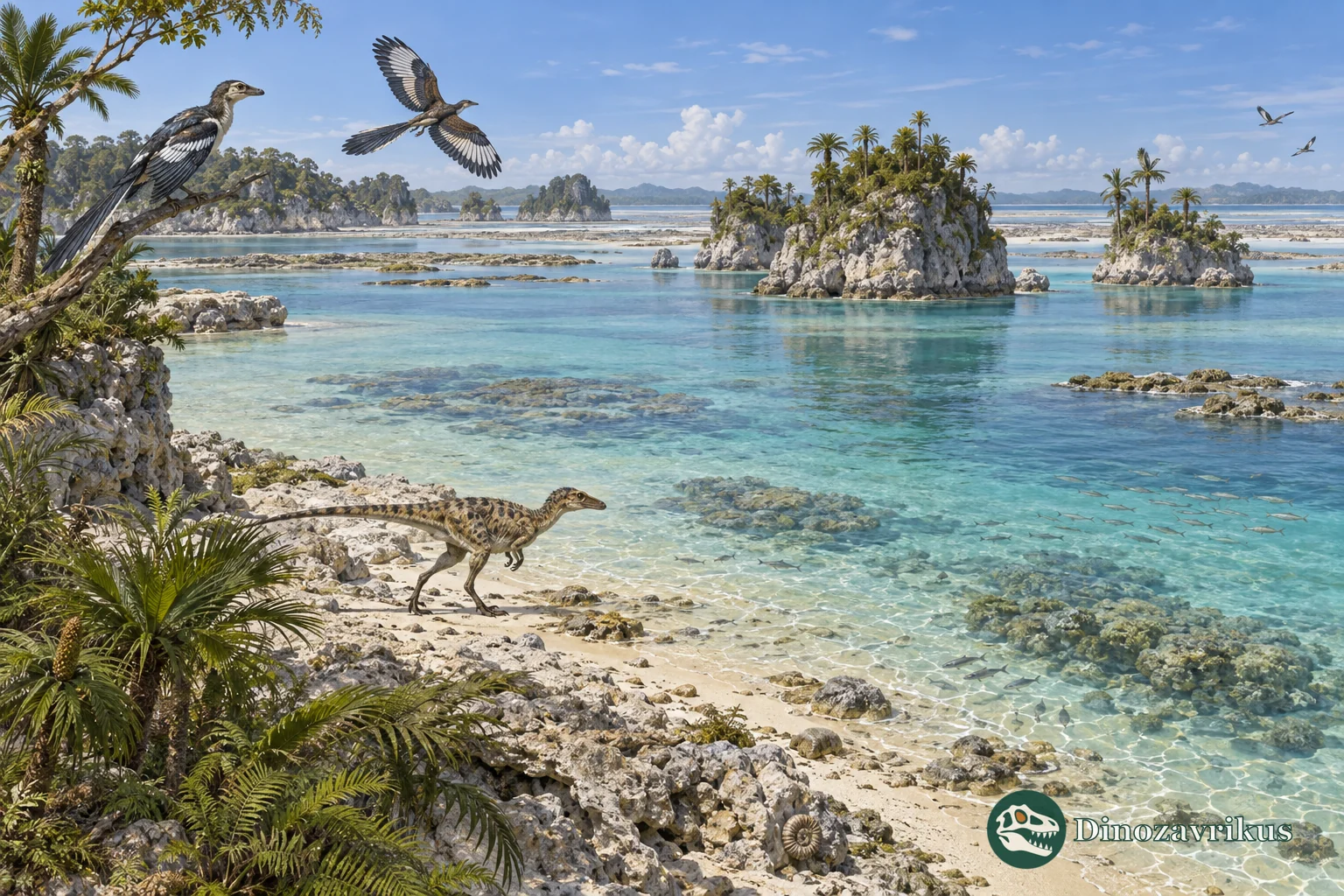 A small dinosaur and early bird beside shallow lagoons and limestone islands