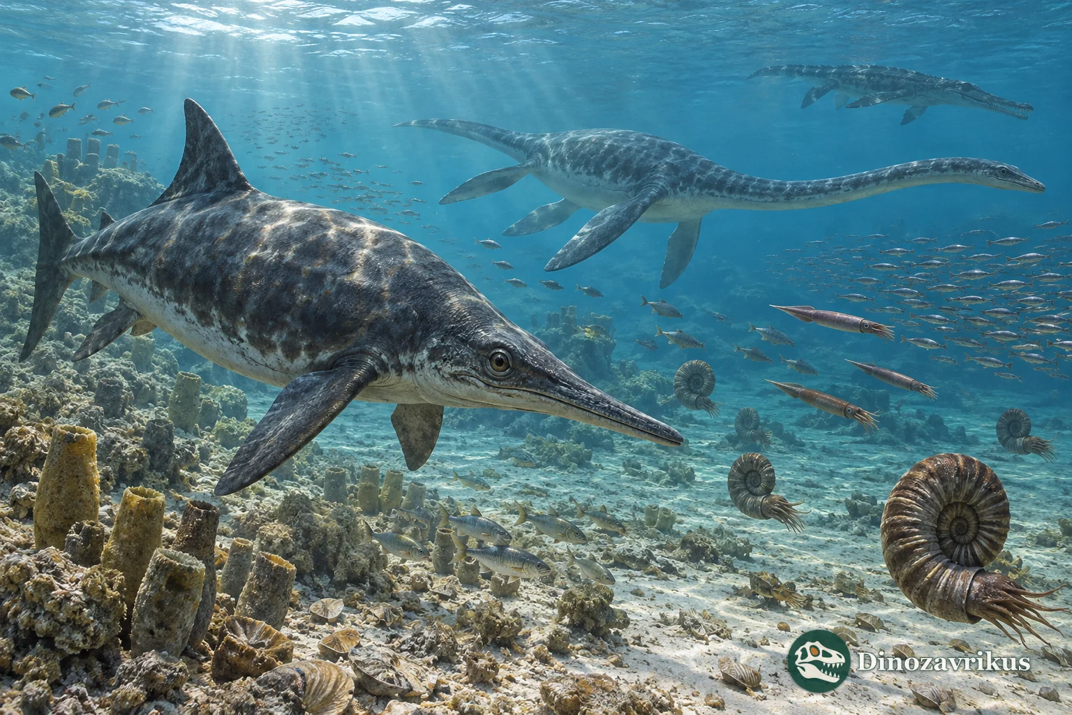 Late Jurassic sea with an ichthyosaur, plesiosaur, ammonites, belemnites and fishes