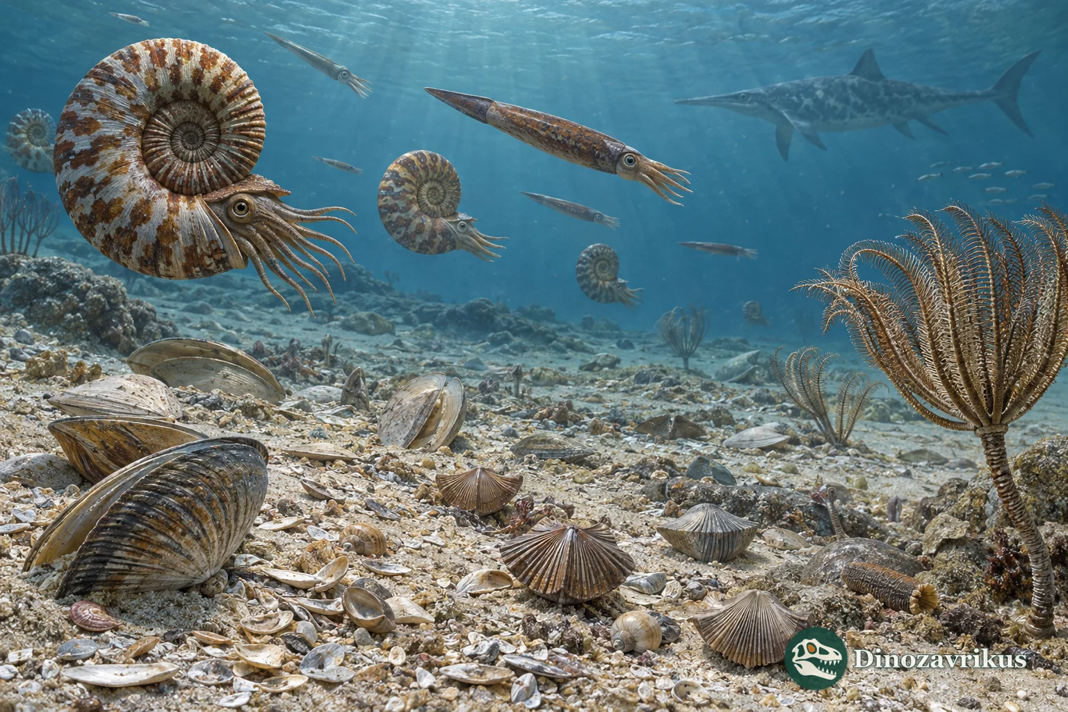 Ammonites, belemnites, bivalves and crinoids inhabit a Jurassic sea floor