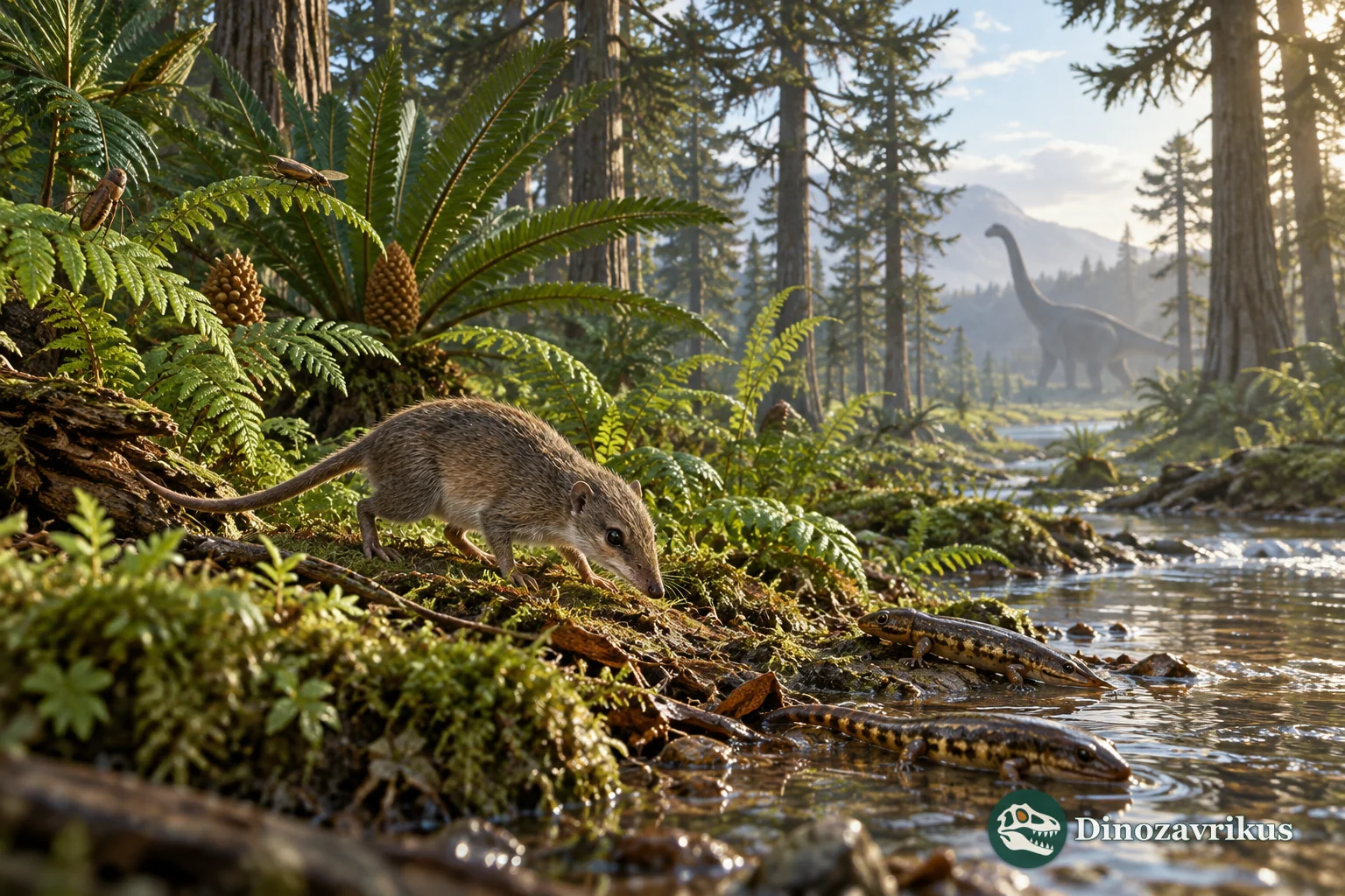 Small Jurassic mammaliaform and salamander-like amphibian beside a forest stream