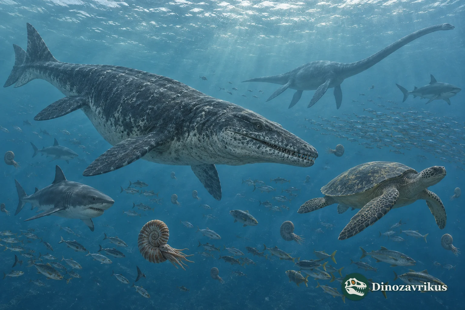 Marine reptiles and ammonites in a reconstructed Jurassic open sea