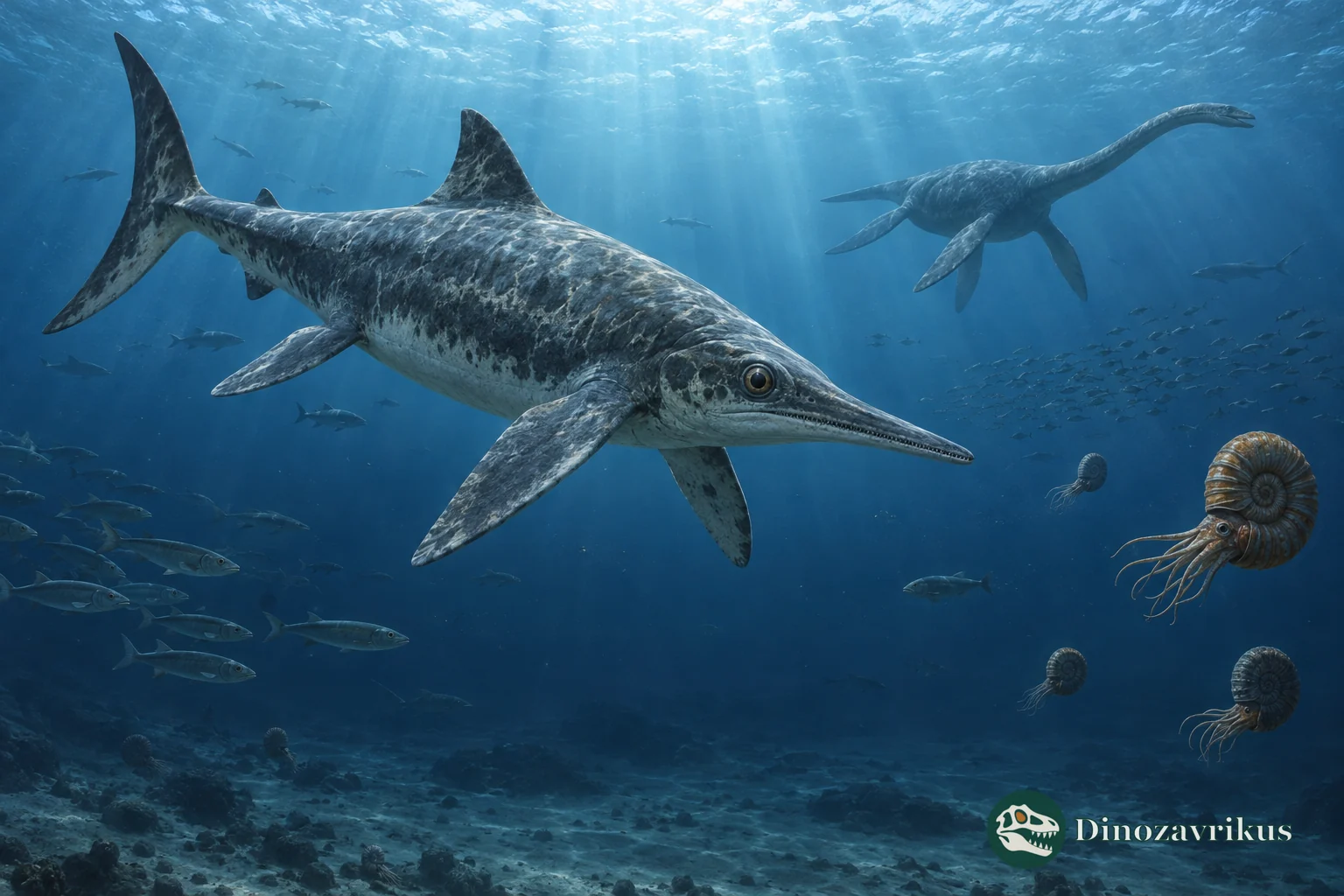 An ichthyosaur swimming through open Jurassic water above a distant seafloor