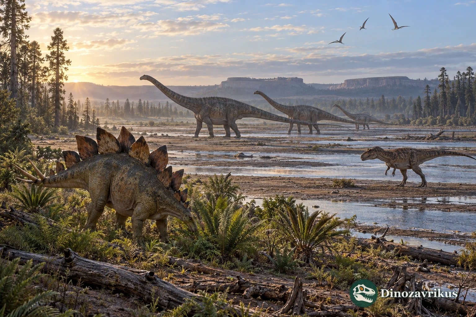 Late Jurassic floodplain with sauropods, Stegosaurus and Allosaurus