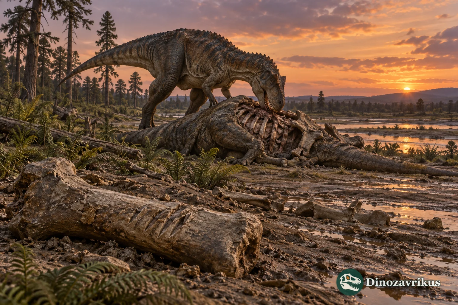 An Allosaurus feeds at a carcass on a Late Jurassic floodplain