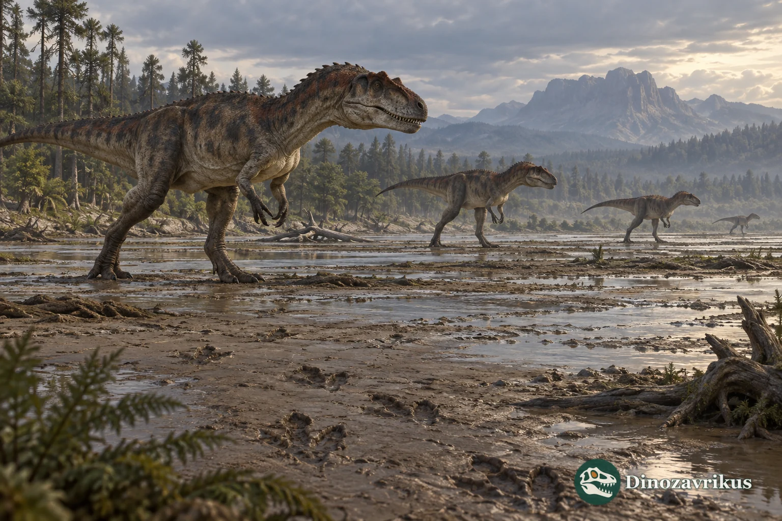 Allosaurus individuals walk across a Jurassic floodplain with trackways preserved in foreground mud