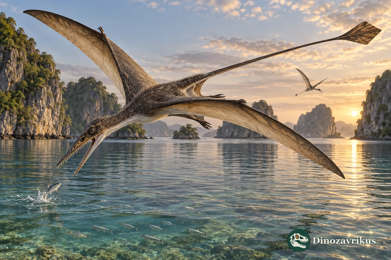 Long-tailed pterosaur hunting fish over a Jurassic lagoon