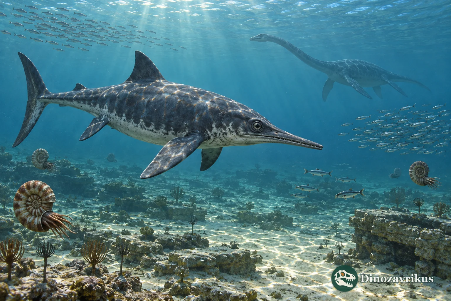 Jurassic sea with an ichthyosaur, plesiosaur and ammonites