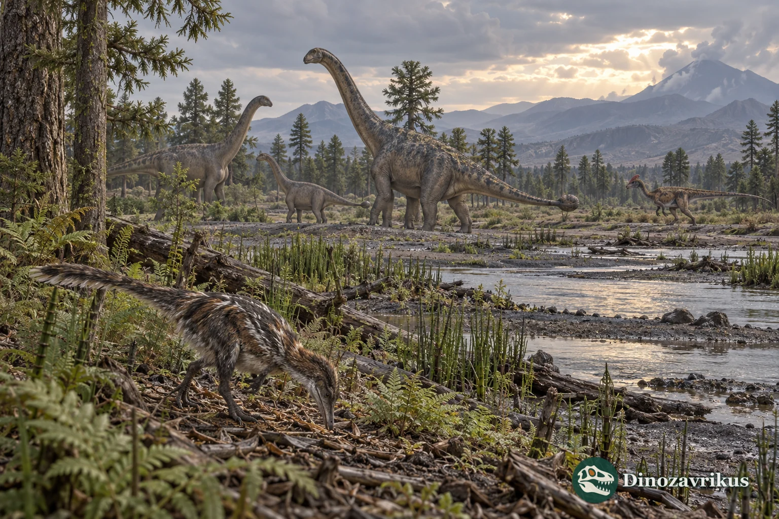 Middle Jurassic Asian river plain with sauropods and a small feathered theropod