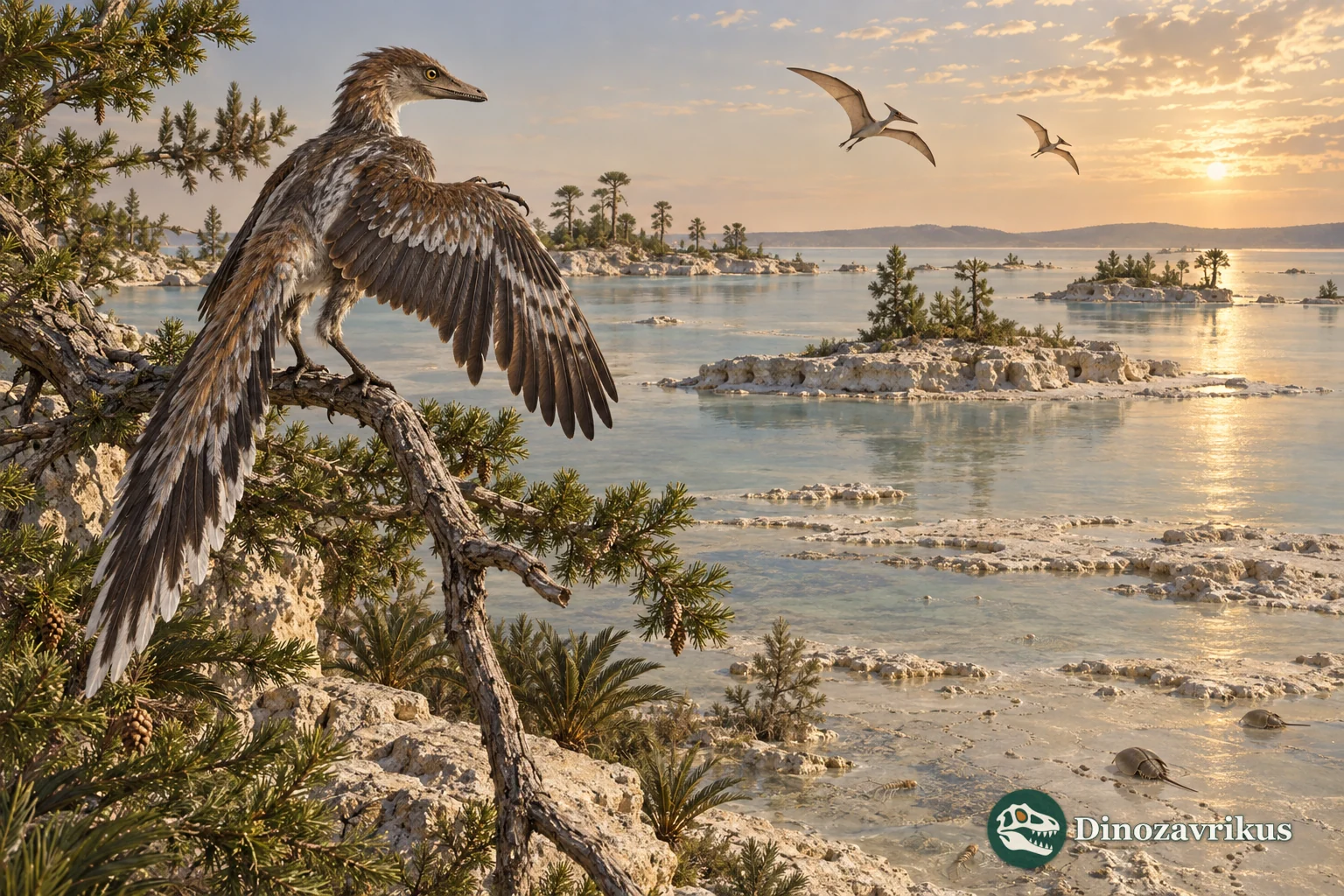 Archaeopteryx above a Late Jurassic lagoon with small pterosaurs