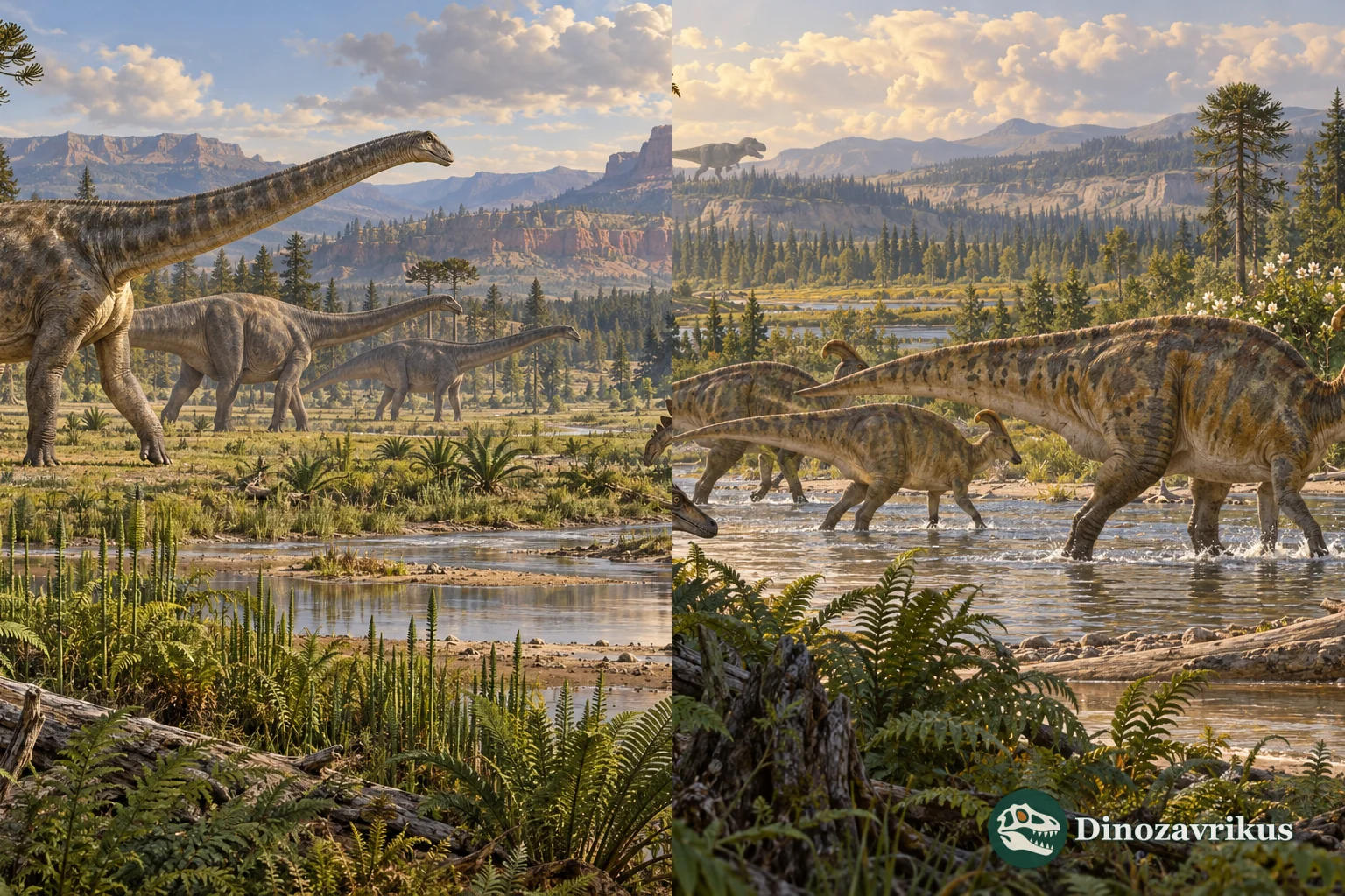 Split view of Jurassic and Cretaceous dinosaur ecosystems