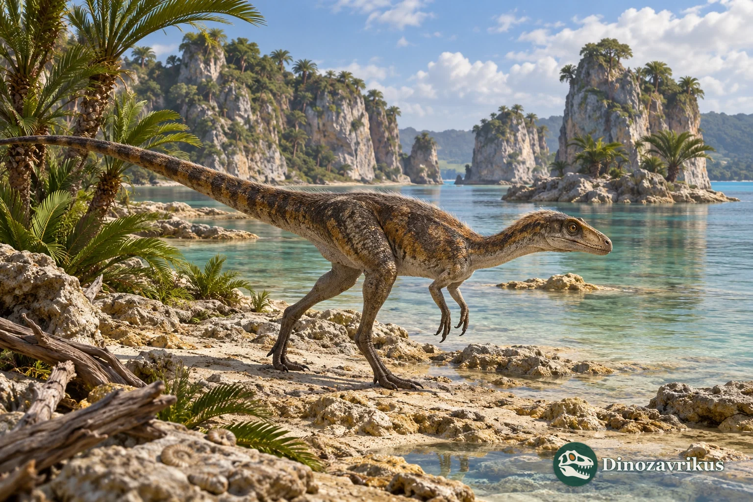 Juravenator reconstructed beside a lagoon among Late Jurassic Bavarian islands