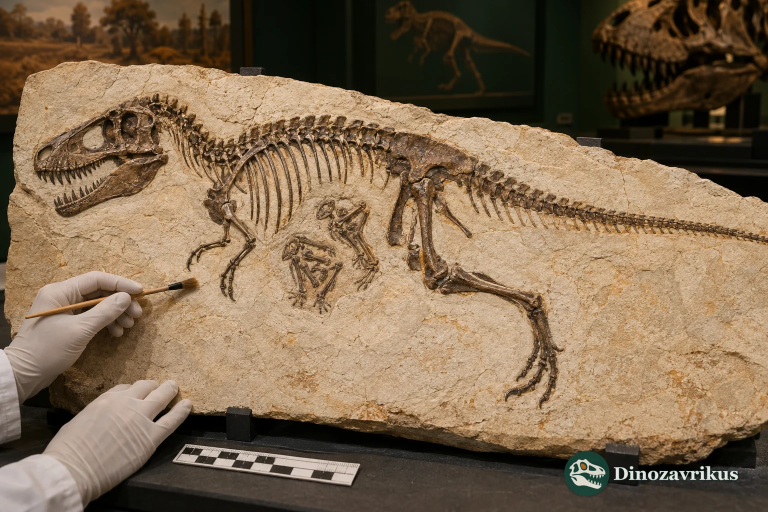 Researchers examine prey remains preserved inside a juvenile tyrannosaurid