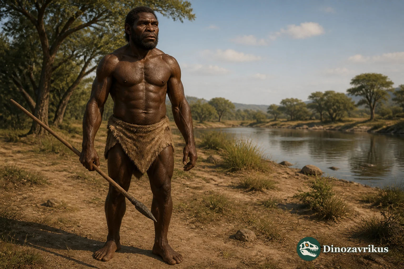 Artistic reconstruction of an archaic human in a wooded African setting