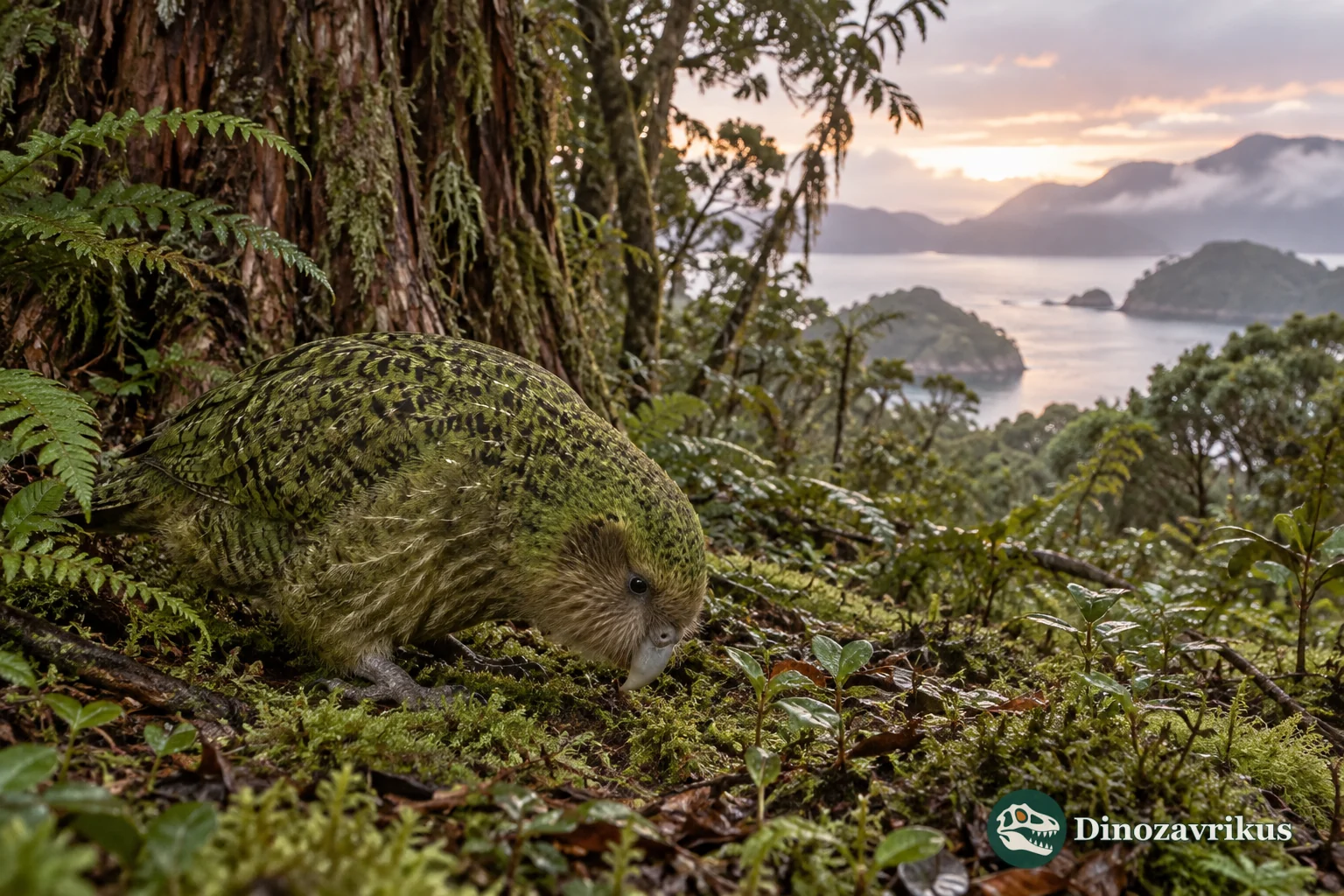 Kākāpō foraging on a remote forest island in Aotearoa New Zealand