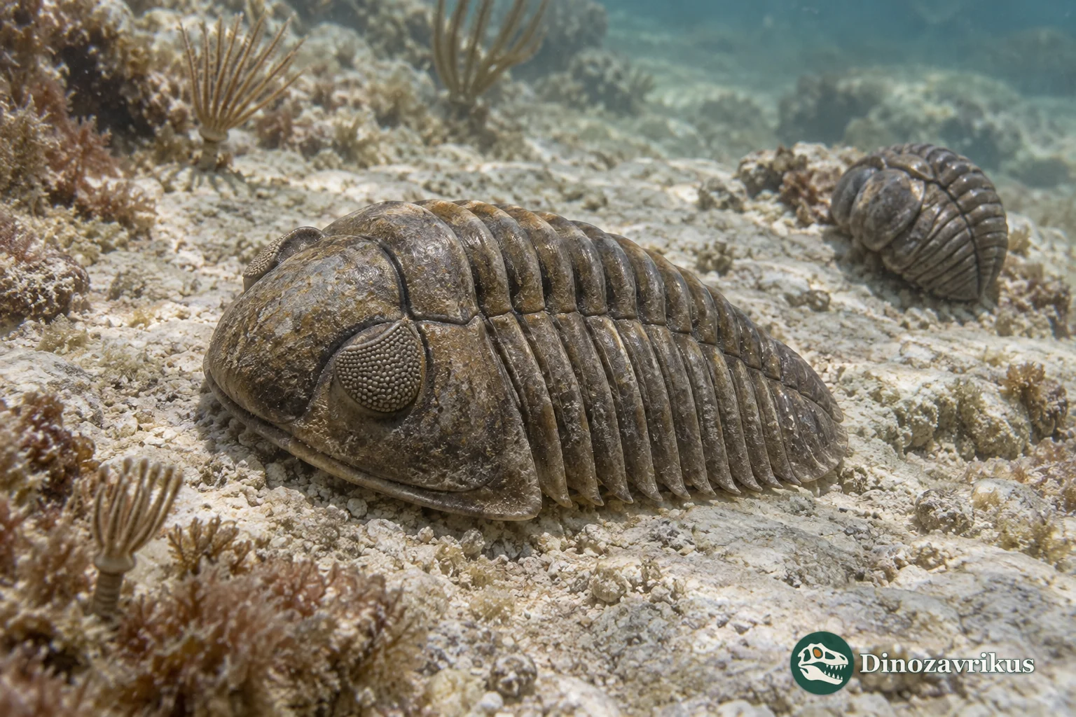 Calymene trilobite with an articulated segmented body and a second enrolled individual on a Silurian seabed