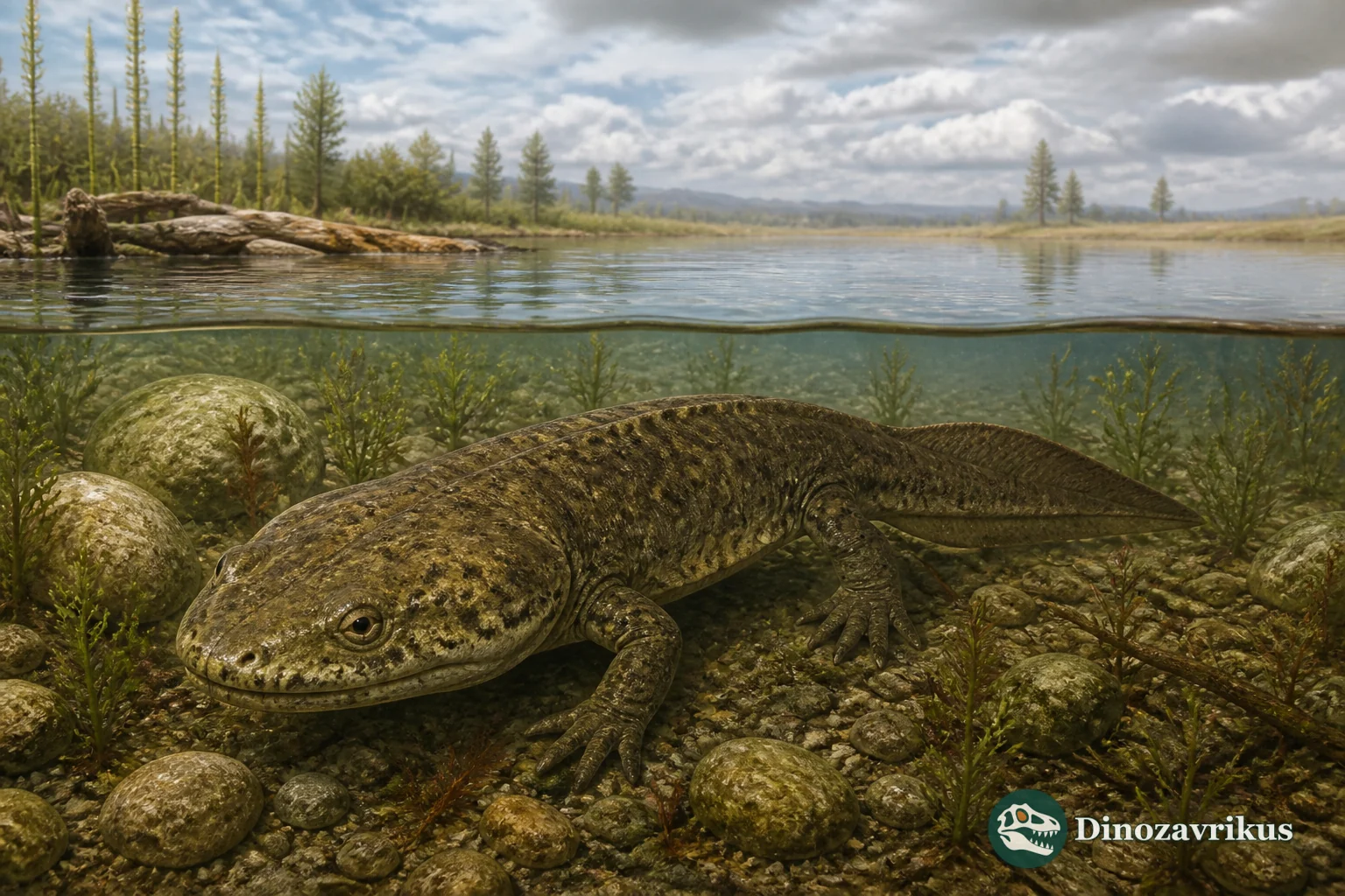 Karaurus sharovi resting in a Jurassic lake margin in southern Kazakhstan