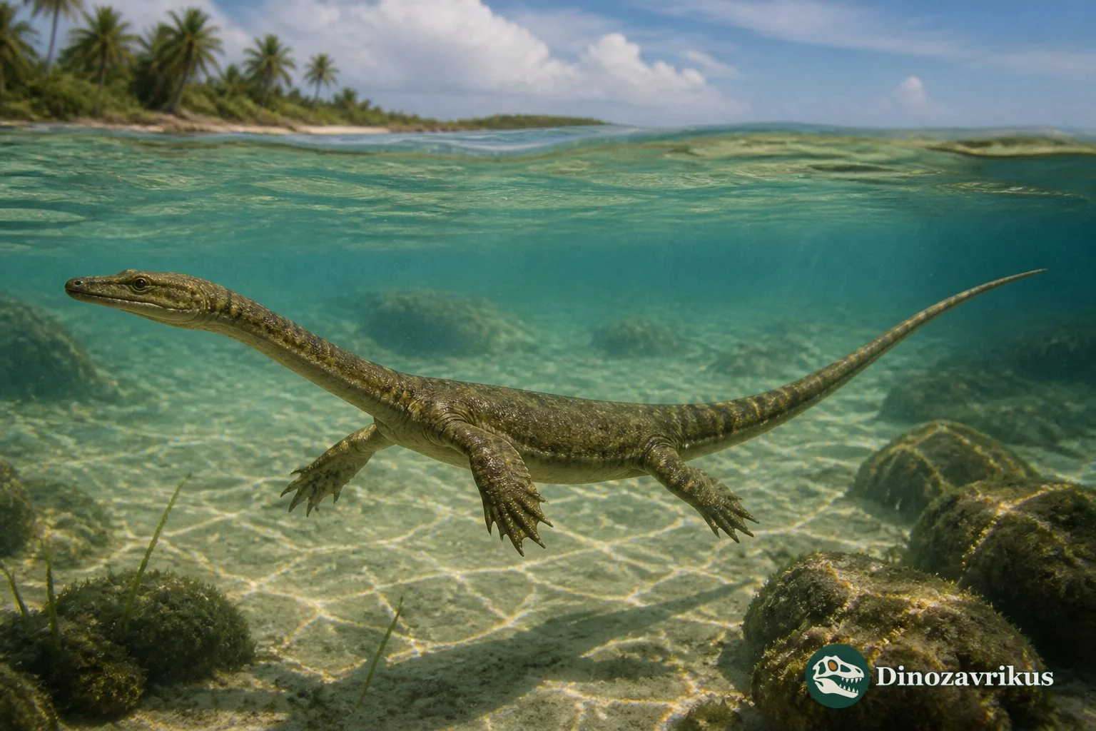 Keichousaurus hui swimming in a shallow Middle Triassic sea