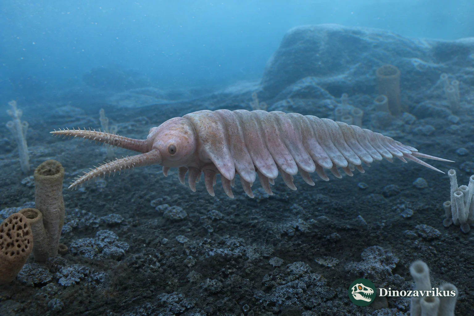 Kerygmachela swimming near the Cambrian seafloor with eleven lateral lobes and frontal appendages