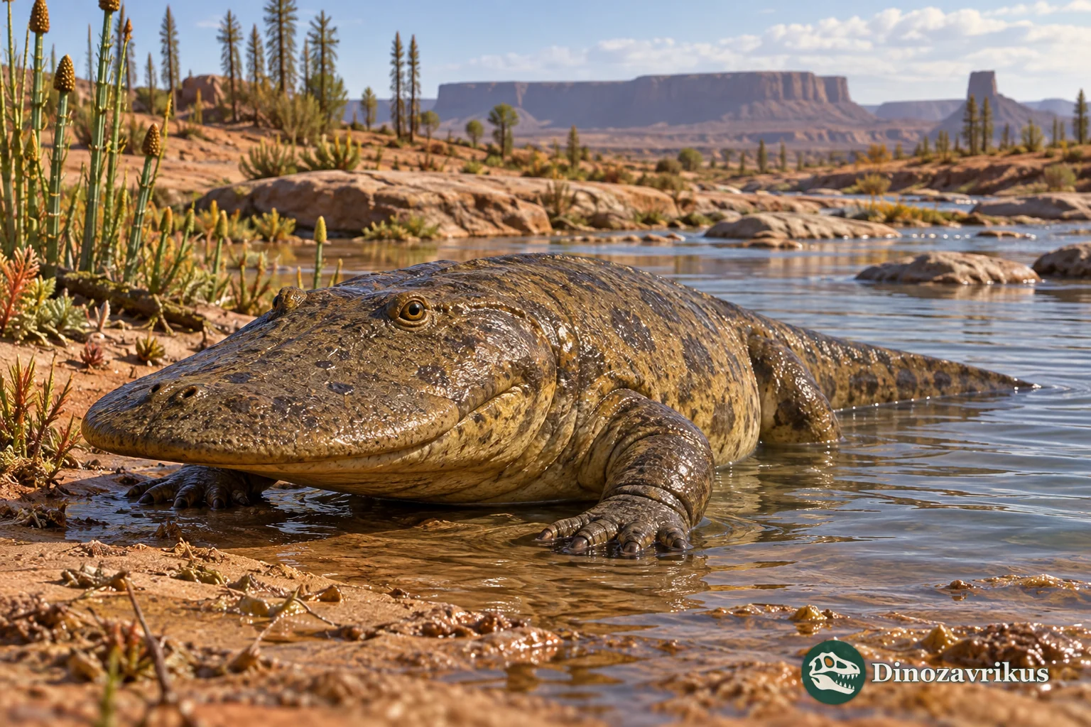 Artistic reconstruction of Kestrosaurus at an Early Triassic Karoo waterway