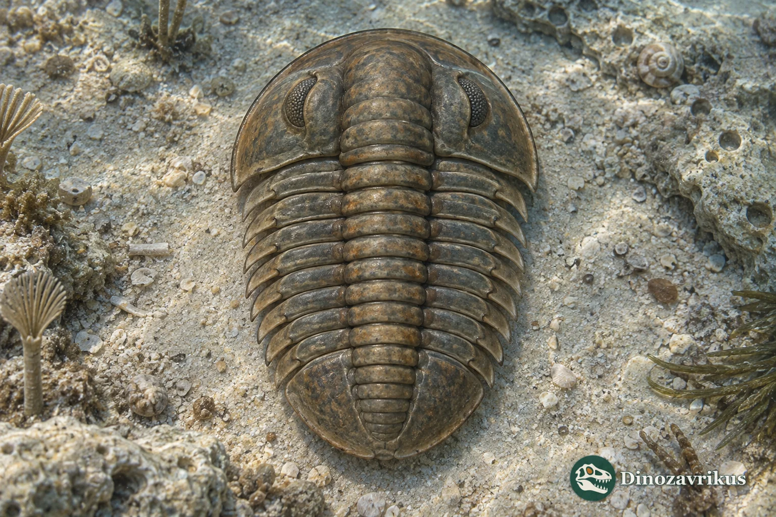 Kingstonia trilobite with a broad smooth cephalon, small eyes and compact thorax on a shallow Cambrian shelf