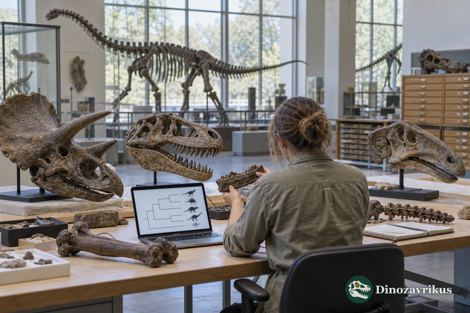 A palaeontologist comparing dinosaur skulls and fossil bones in a museum collection