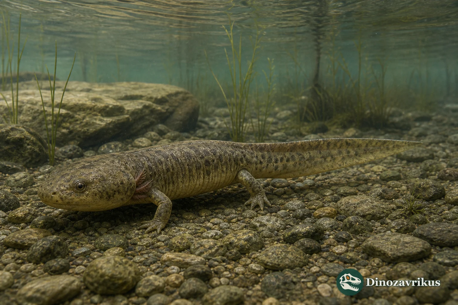 Kokartus honorarius moving through a Middle Jurassic freshwater habitat in Kyrgyzstan