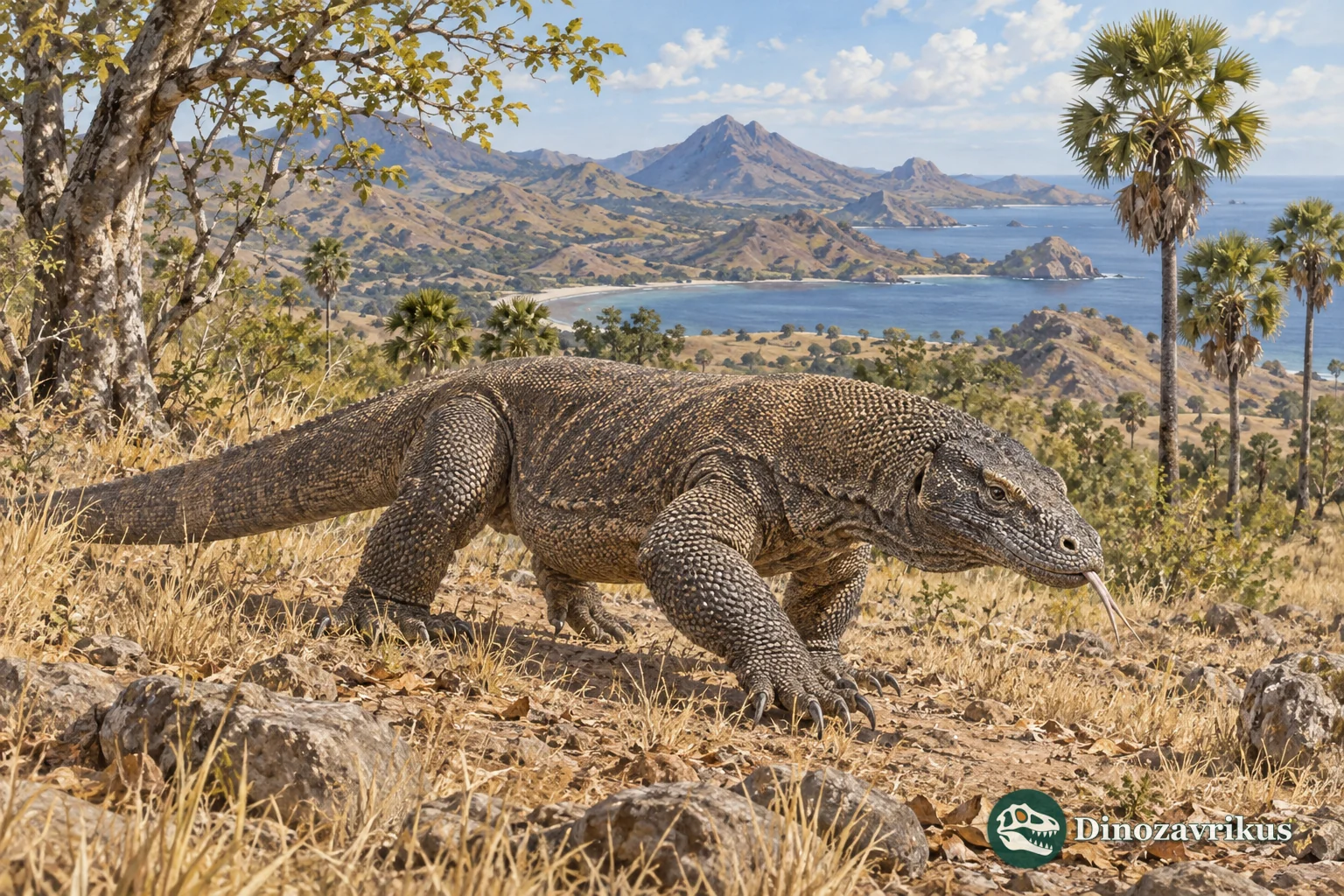 Komodo dragon walking through dry monsoon woodland on an Indonesian island