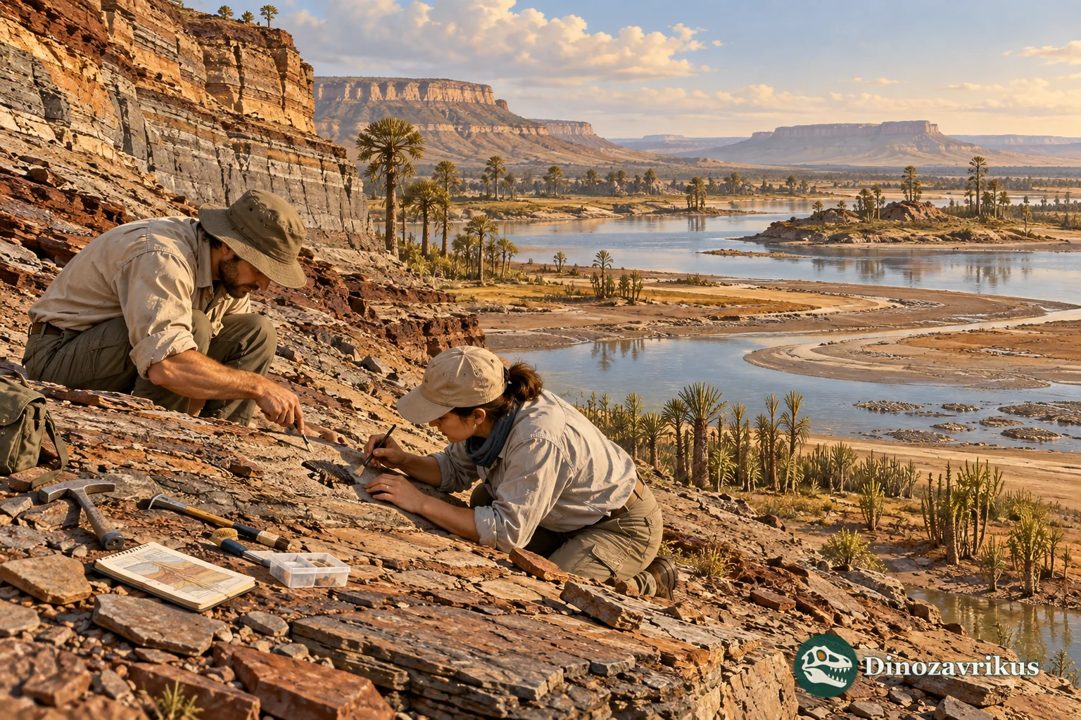 Illustration of a Permian fossil locality being surveyed