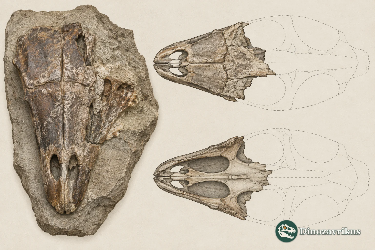 Schematic view of preserved cranial regions and inferred missing outline