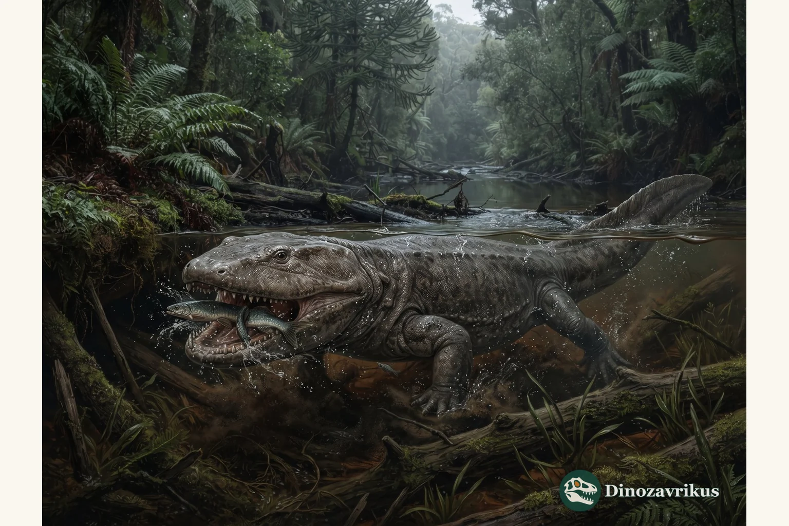 Koolasuchus reconstructed beside an Early Cretaceous river in Victoria