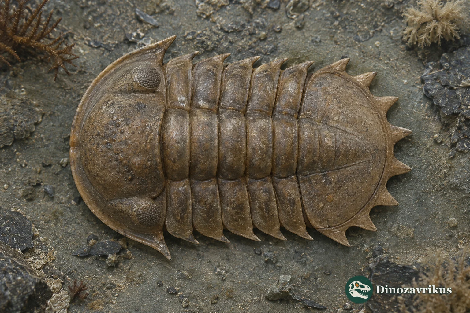 Dorsal Kootenia trilobite with a broad cephalon, seven thoracic segments and short broad spines around its pygidium