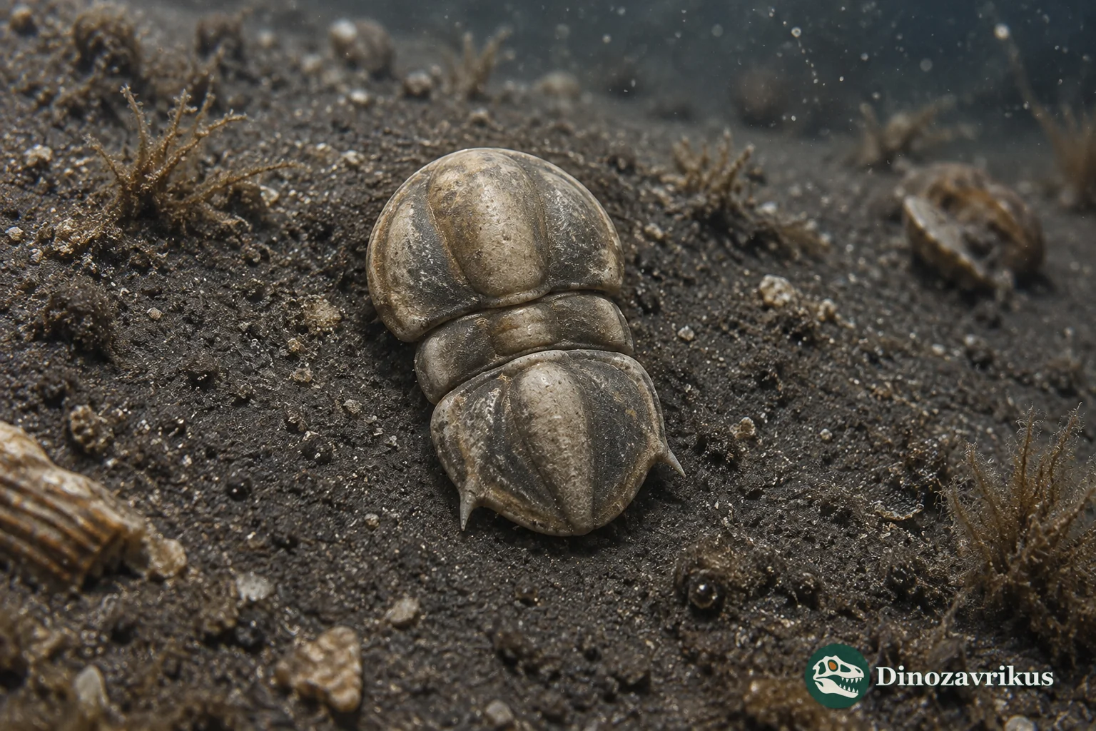 Dorsal reconstruction of a small Kormagnostus agnostid with near-equal shields and two short thoracic segments on dark Cambrian mud