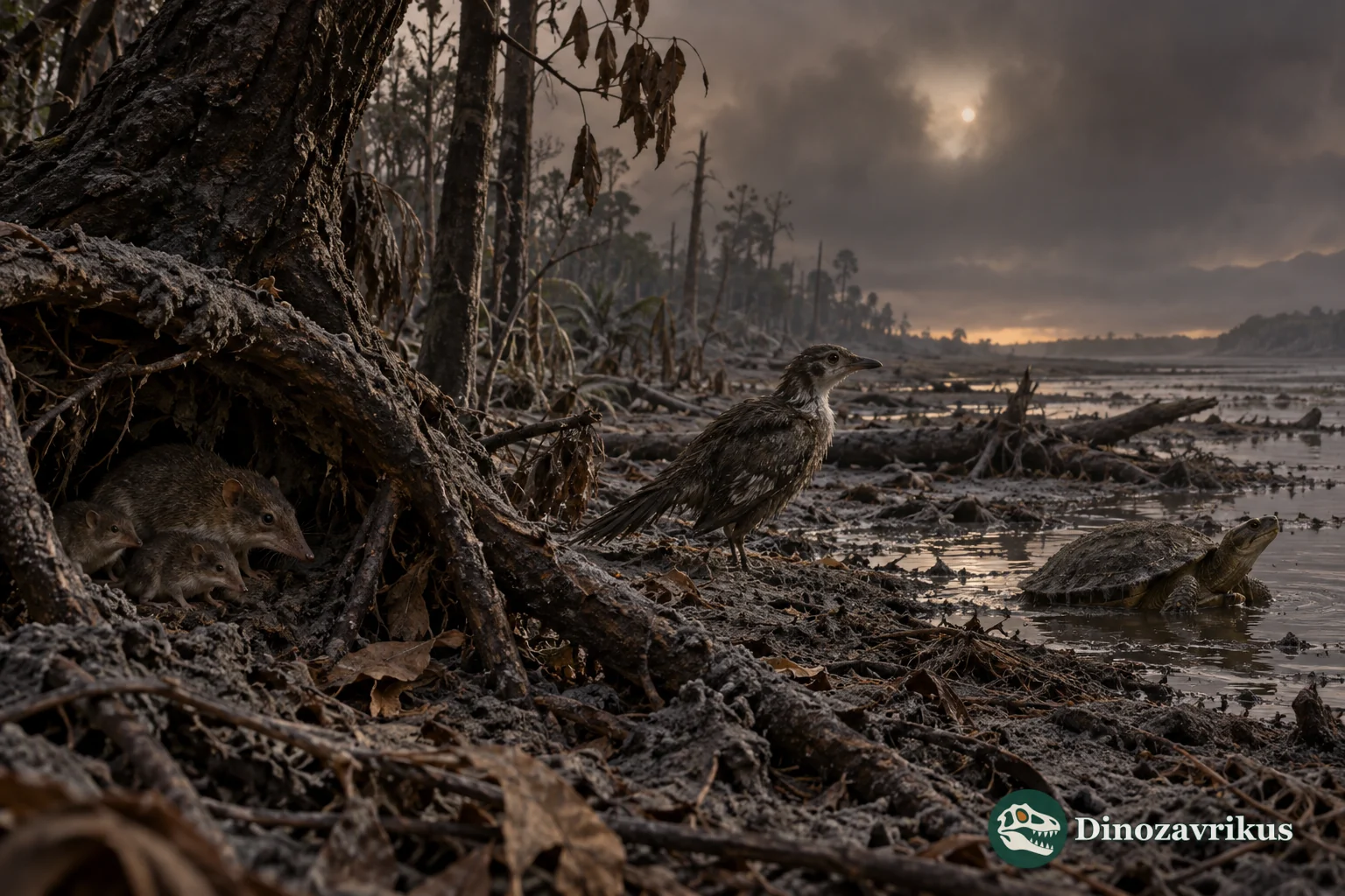 Early aftermath of the K–Pg impact with darkened sky and surviving small animals near water
