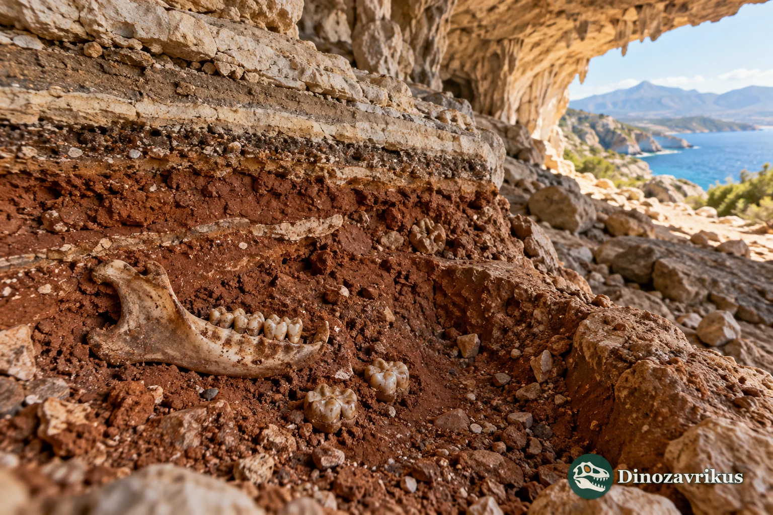 Illustrative reddish fossil sediment in a Cretan limestone cave