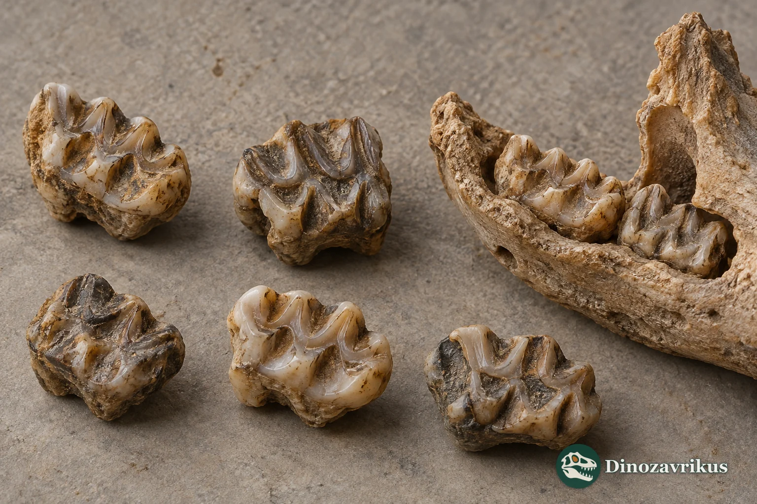 Interpretive fossil murid molars and jaw fragment