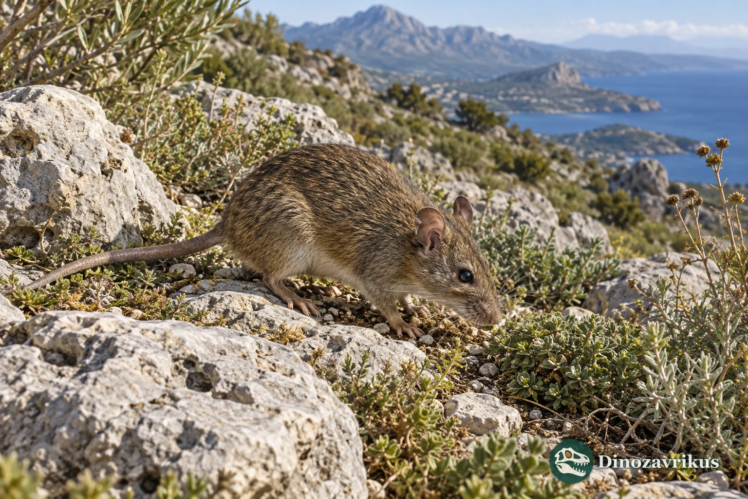 Artistic reconstruction of a Kritimys rodent on limestone terrain in Pleistocene Crete