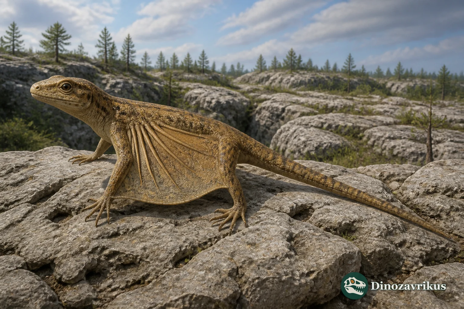 Kuehneosaurus gliding between trees in a Triassic woodland