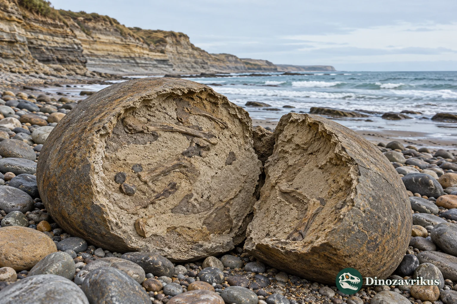 Illustrative pebble shore in southern New Zealand with a fossil-bearing boulder