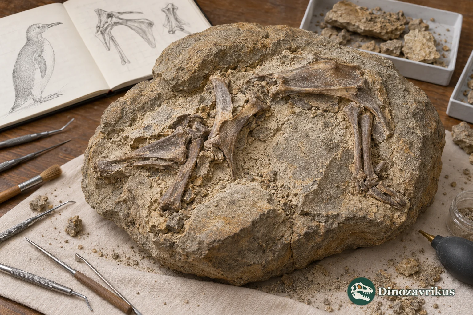 Conceptual preparation scene showing partial penguin bones in a rock concretion