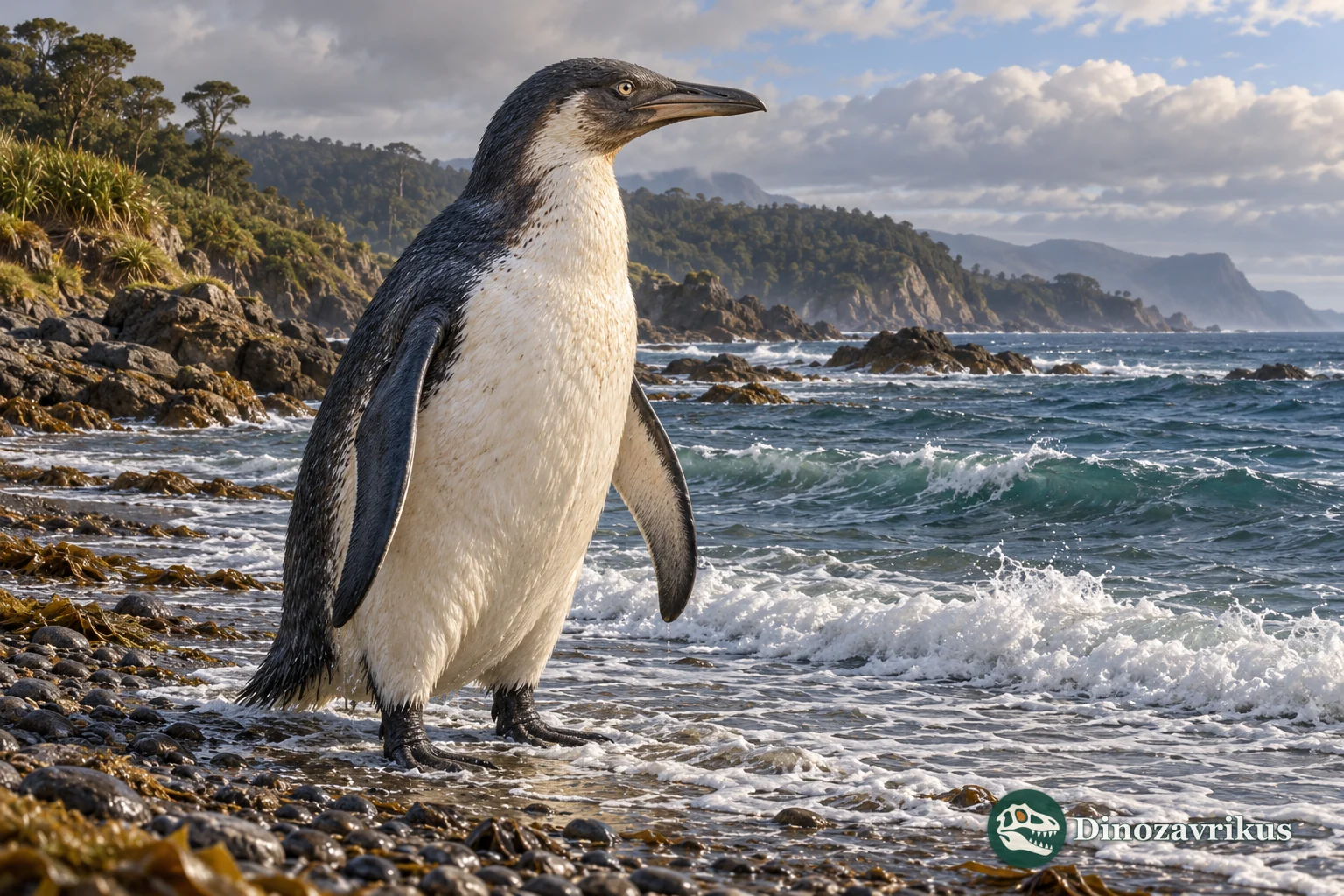 Artistic reconstruction of a robust stem penguin on a southern New Zealand shore