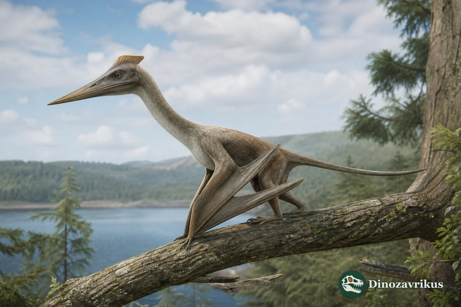 Kunpengopterus gripping a Jurassic tree trunk