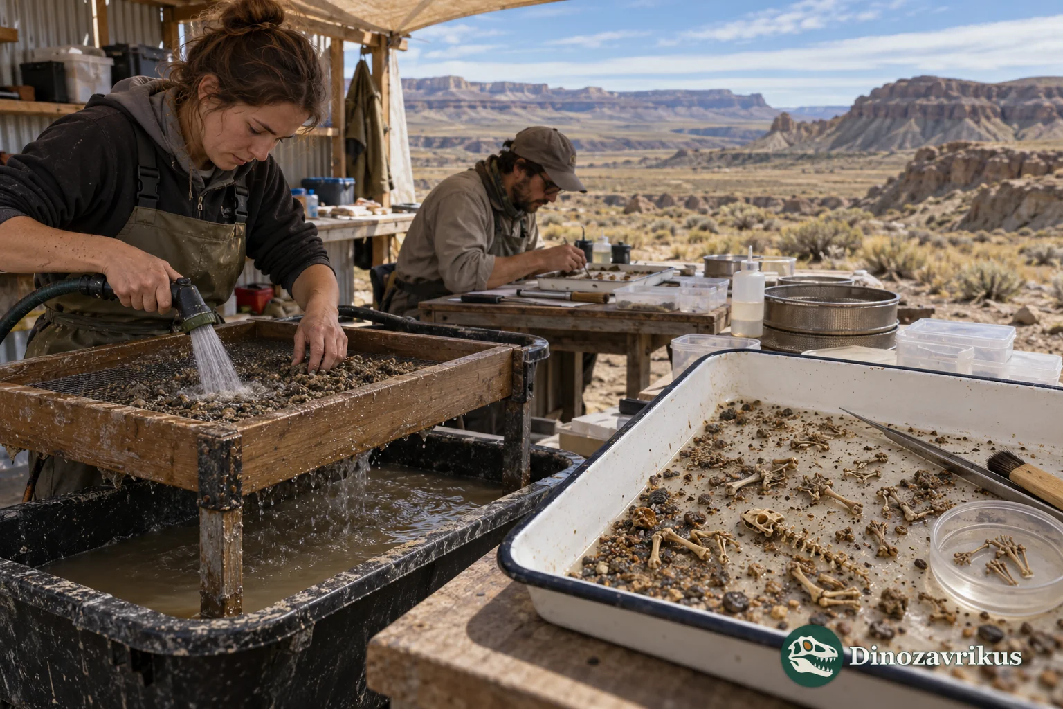 Illustrative screen washing of sediment during a fossil field project in Patagonia