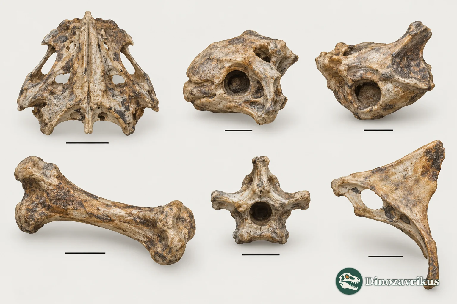 Schematic reconstruction of a frog braincase, ear capsules and scattered limb and vertebral fossils