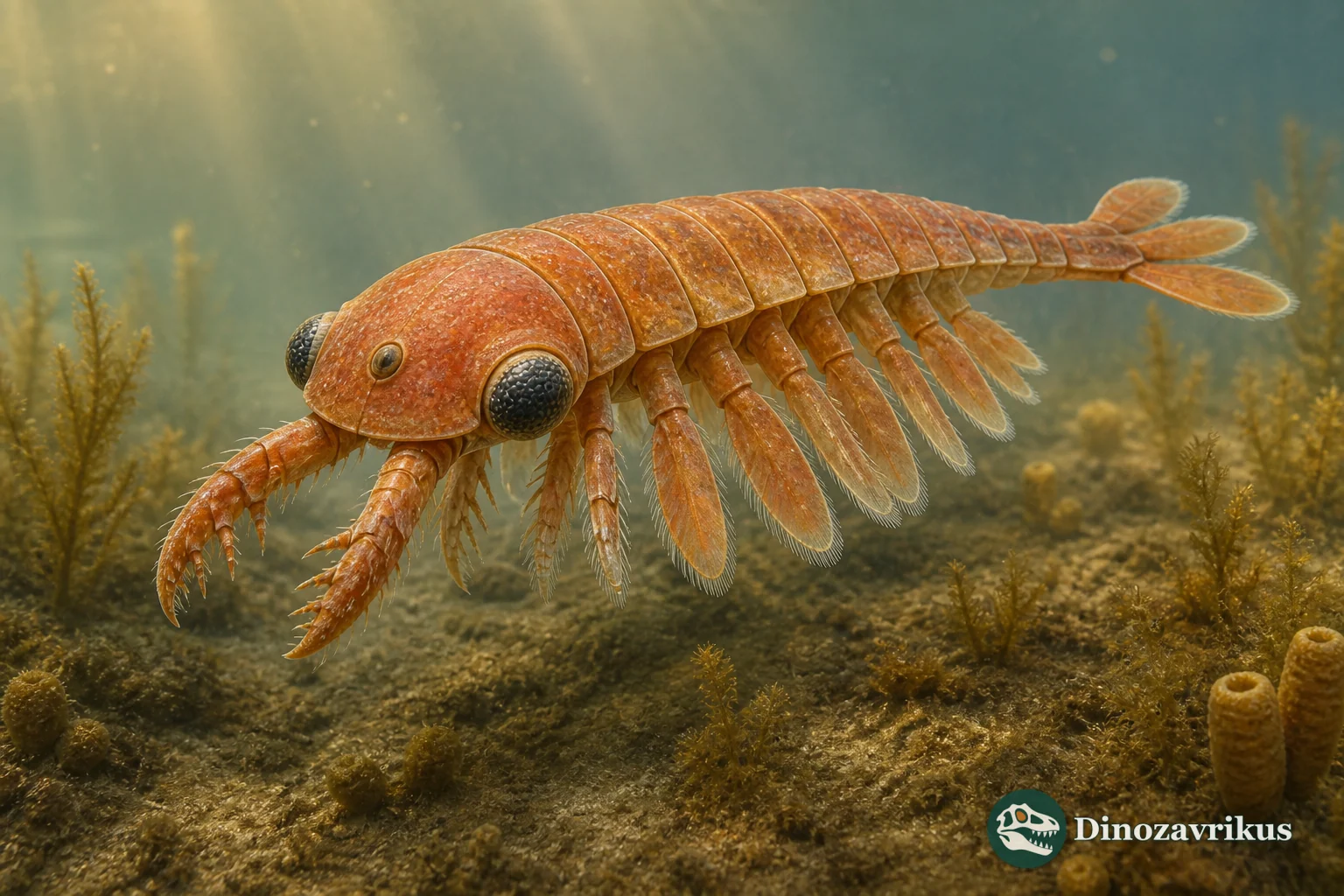 Kylinxia zhangi swimming above the Chengjiang seafloor with three eyes, a pair of spiny frontal appendages and a segmented trunk