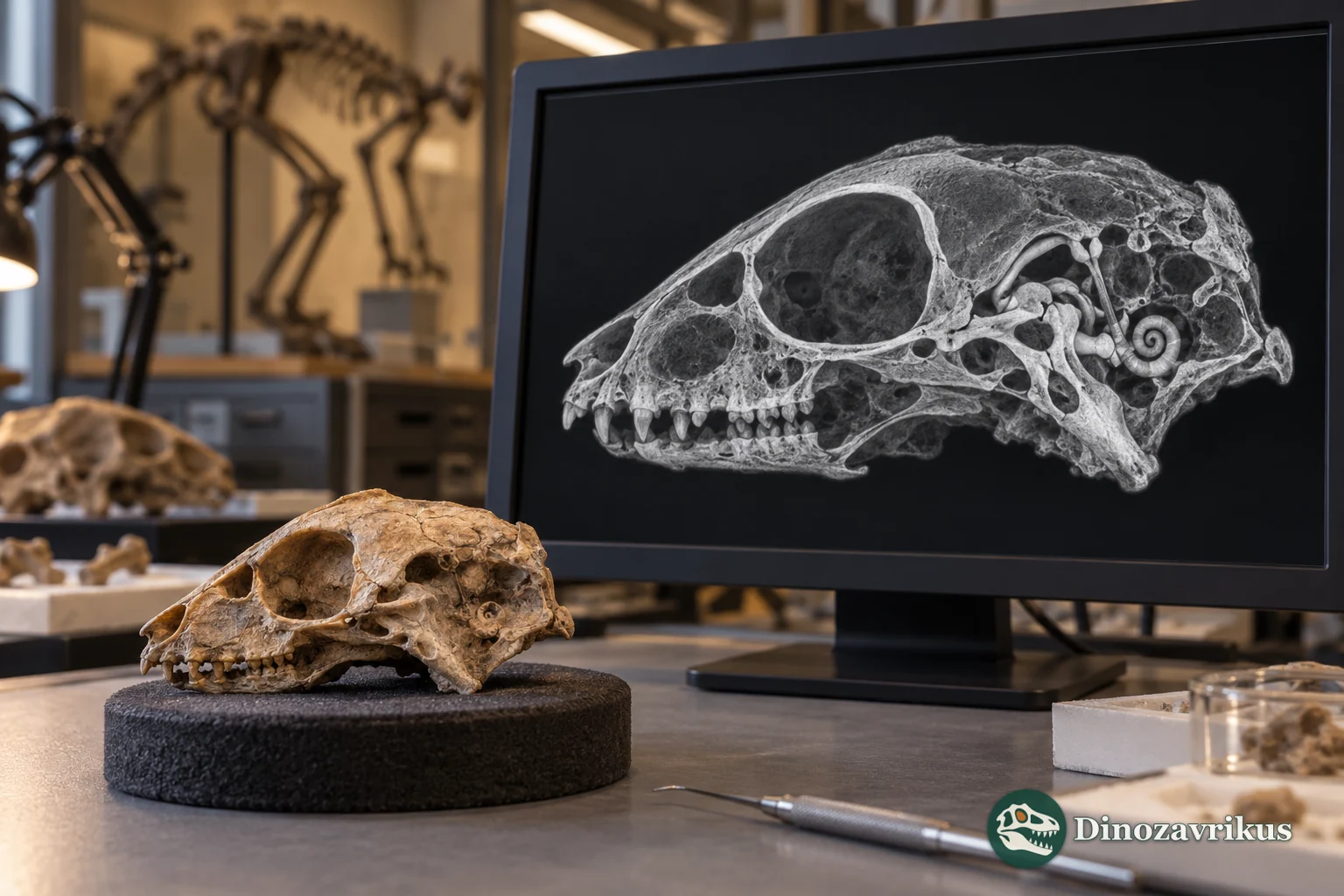 Conceptual scene showing a fossil mammal skull and a computer tomography study